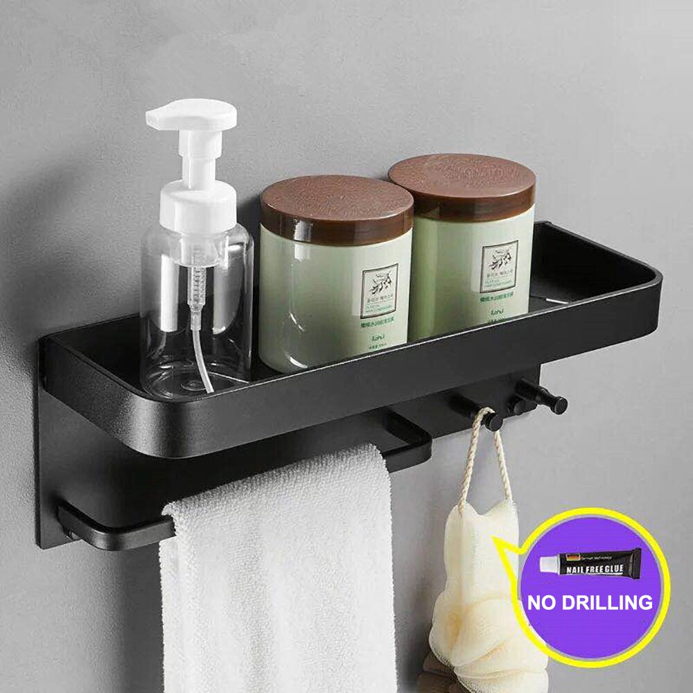 Wall Mount Shower Caddy Holder Bathroom Rack Towel Rail Self Adhesive Bathroom Storage Shelf Kitchen Organizer Rack Wall Shelf