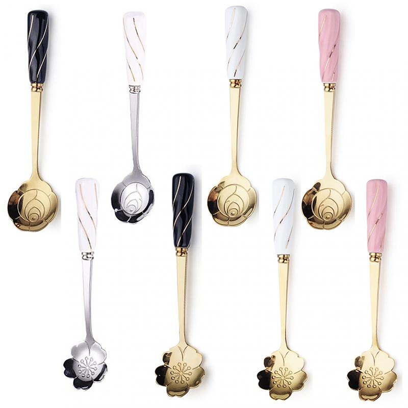 Cuchara de café de acero inoxidable con forma de flor, cucharilla creativa para helado, cucharilla de cocina para agitar, vajilla dorada