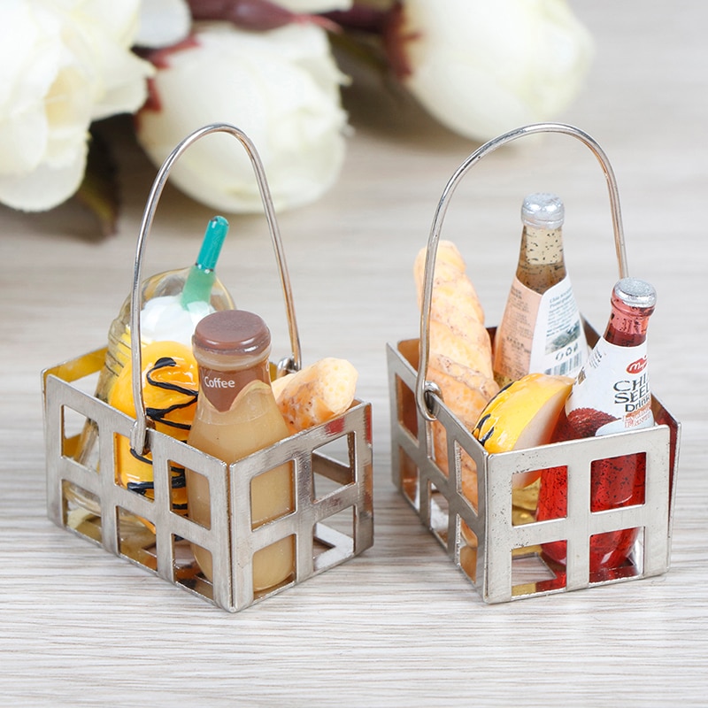 5 Pcs Eetkamer Fruit Metalen Koffie Wijn Brood Melk Mand Voedsel Poppenhuis Miniatuur Accessoires 1:12 Dollhouse Miniatuur Voedsel Speelgoed
