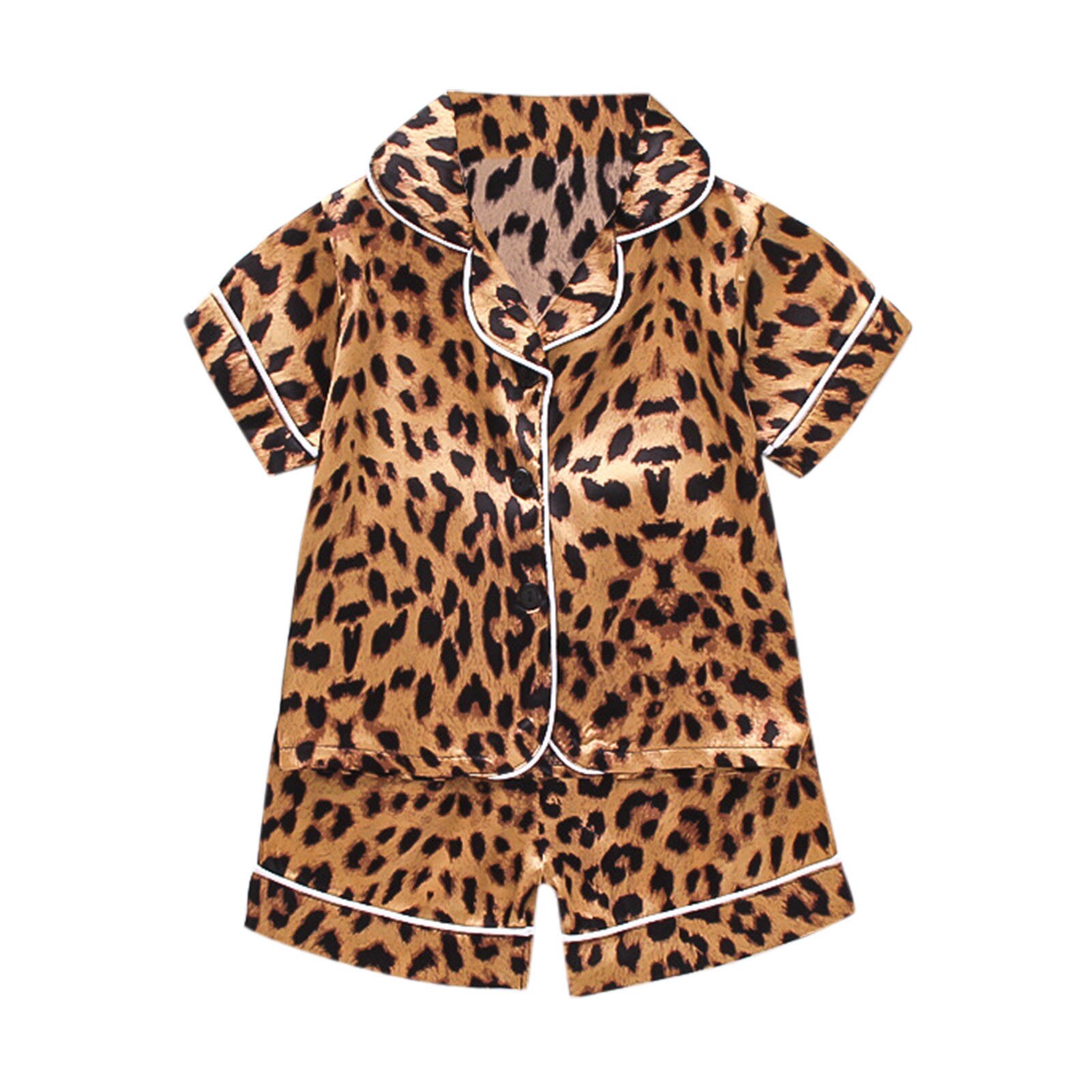 Leopard Pring Satijn Kids Pyjama Sets Peuter Kids Baby Jongens Meisjes Knop Pyjama Nachtkleding Tops Korte Outfits Kids Zijden Pyjama