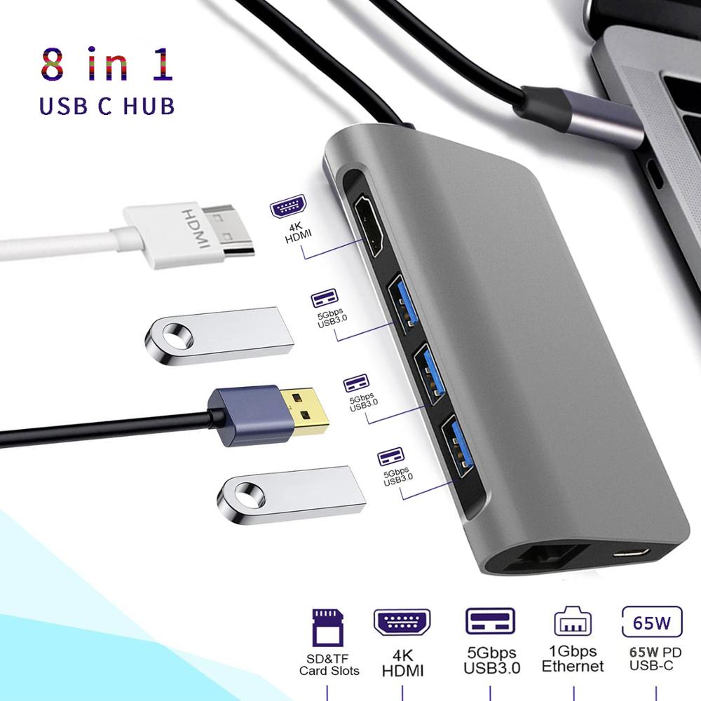 8 in 1 USB C Docking Bahnhof Typ C Verlängern zu 4 K UHD HDMI, 3 USB 3.0 Häfen, SD/TF Slot, RJ 45, USB-C Ladung Hafen für MacBook