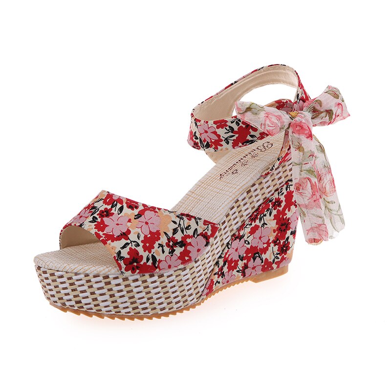 nouvelle plage d'été Boho sandales à talons compensés à fleurs femmes bride à la cheville plate-forme gladiateur chaussures femme talons hauts Sandalias Mujer: Rouge / 38
