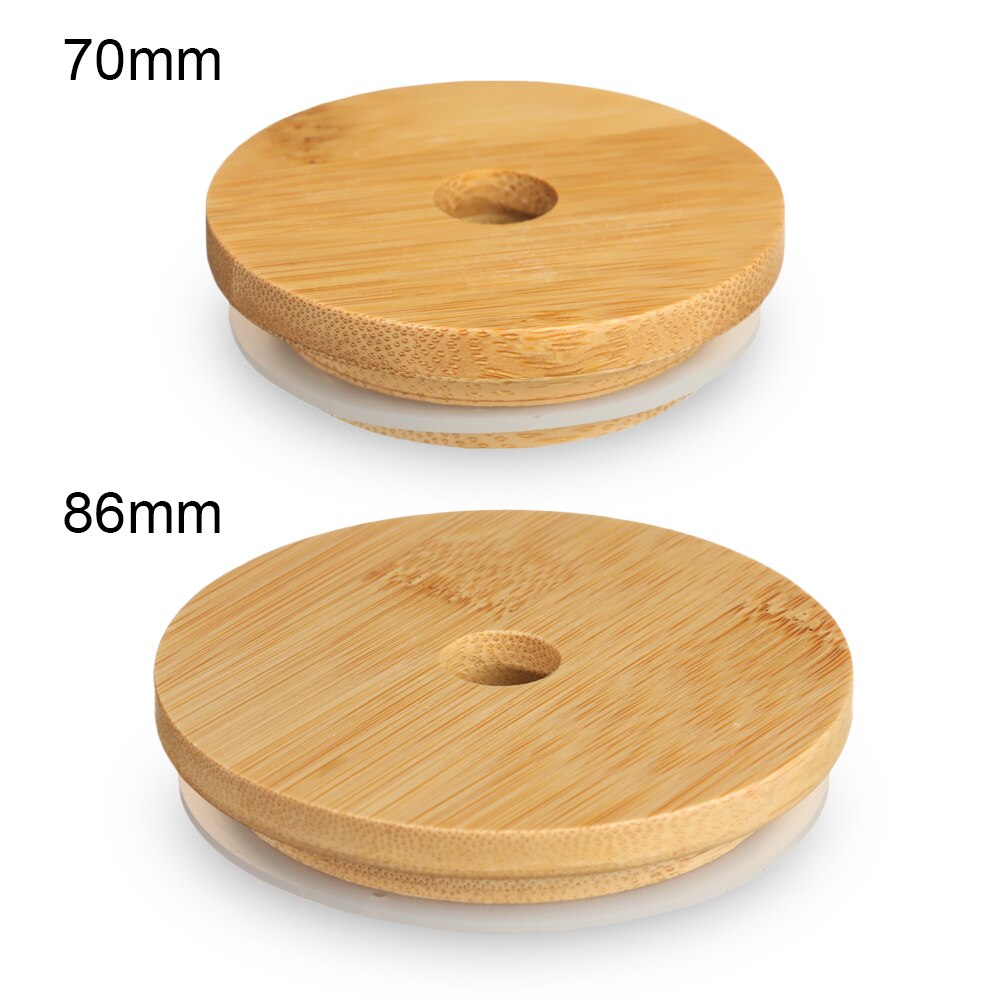 70mm/86mm Reusable Bamboo Wood Lids Mason Jar Lid with Straw Hole Silicone Seal Ring Wide Mouth Cup Covers Caps Decor Crafts