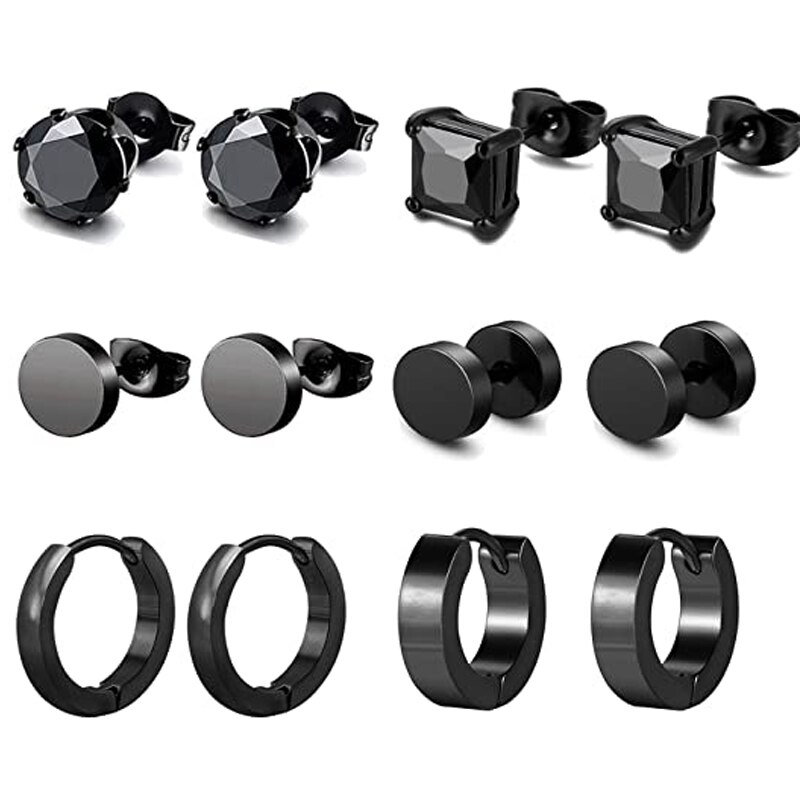 6 Pairs Black Stainless Steel CZ Stud Hoop Earrings Set Huggie Hoop Ear Piercing for Women/Men/Teen Girls and Boys: Mix Set-6 pairs