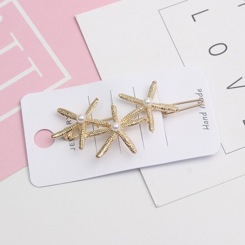 Koreaanse chique haaraccessoires, metalen gouden kleur, strandschelp, zeesterren, imitatieparel, haarspelden voor vrouwen, haarstyling: 9