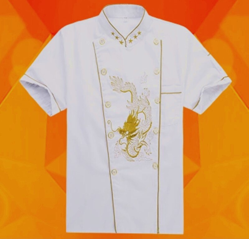 Chaqueta de manga corta con bordado de dragón para hombre y mujer, uniforme de cocinero, ropa de trabajo de cocina, malla de retales, transpirable, servicio de comida, Chef, novedad: Short-sleeved top / XXL
