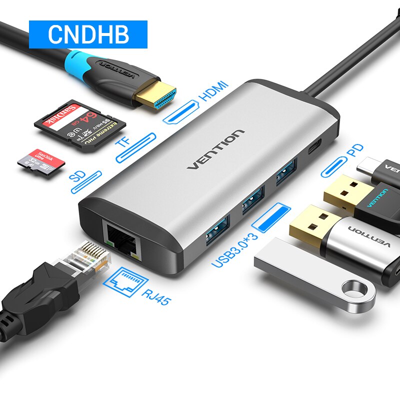 Vention USB HUB C HUB to Multi USB 3.0 HUB HDMI VGA PD Adapter Dock for MacBook Pro USB-C Type C 3.1 Splitter 3 Port USB C HUB: HDMI 8-in-1 CND