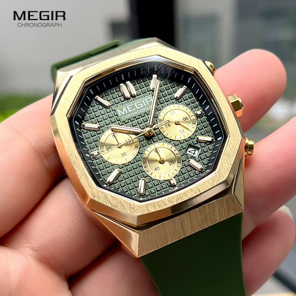 Megir heren waterdicht horloge met achthoekige wijzerplaat, chronograaf, quartz polshorloge met olijfgroene siliconen band, datumweergave en lichtgevende wijzers 2215