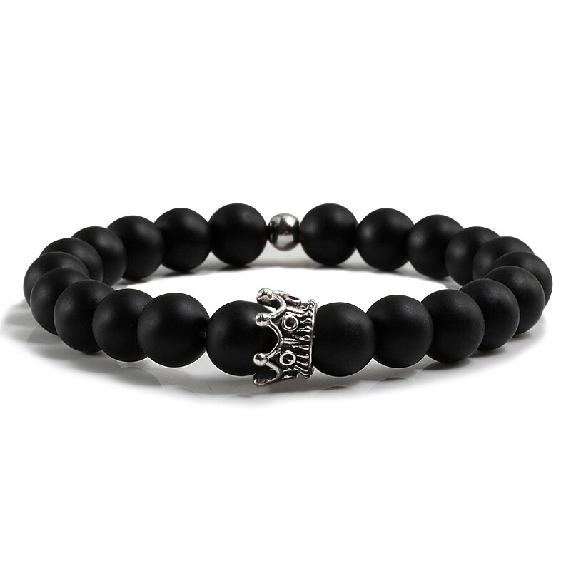 Heiße Neue Charme Krone Männer Armreifen Natürliche Stein Weiß Porzellan Perlen Armbänder Hand Zubehör Für Frauen Elastische Seil Hand Kette: matt Schwarz1
