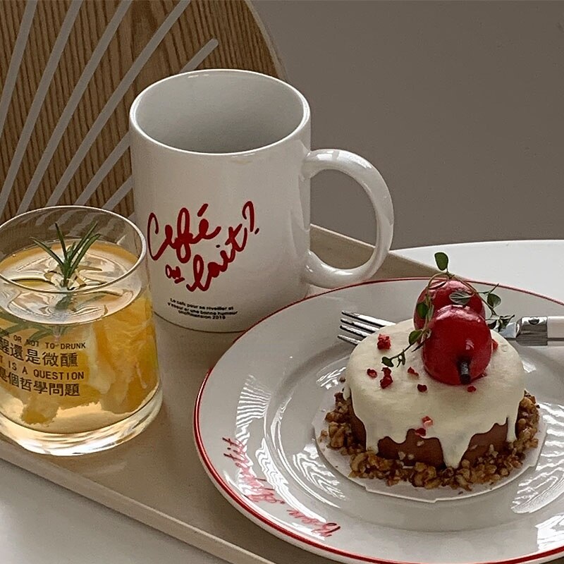 LadyCC French Retro Red Line Ceramic Dessert Plate French Letter Breakfast Plate Pasta Plate Bread Plate Restaurant