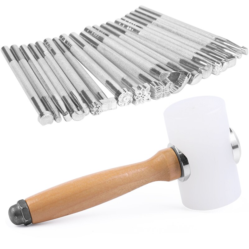 LMDZ Leather Carving Tool Set With Wooden Handle Nylon Hammer And 20Pcs Different Shape Leather Stamping Tools For Leather Craft