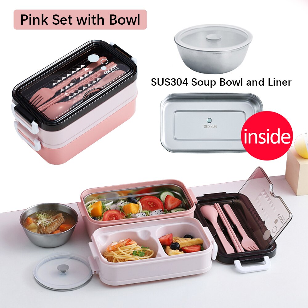 304 Rvs Bento Lunchbox Student School Office Multi-layer Thermische Lunch Box Container Voor Kinderen Vrouwen Keuken gereedschap: PInk Set and Bowl