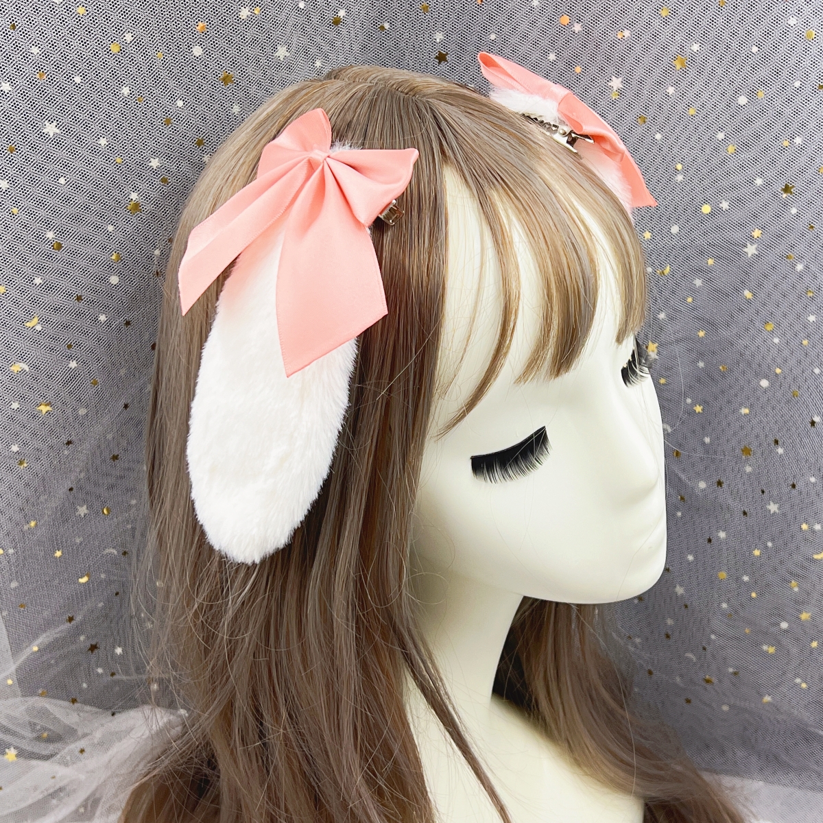 Rabbit Bunny Plush Lop Ears Kawaii Hair Clip Cute Hairpin Ribbon Bowknot Lolita Cosplay Women Girls Hair Accessories: Pink