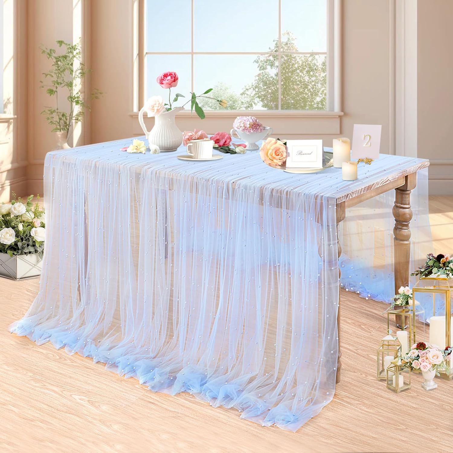 Pearl Table Cloth Wedding Table Runner Decor Tulle Fabric Lace Table Runner for Birthday Party Wedding Arch Veil Decorations: 32*240cm / Yellow