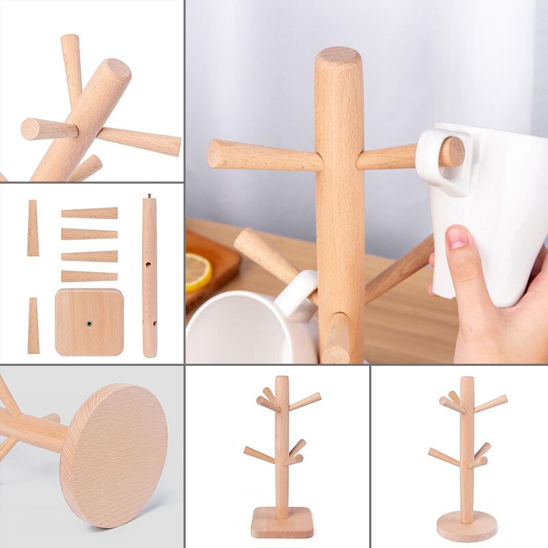 Wooden Mug Tree Coffee Tea Cup Organizer Hanger Holder With 6 Hooks Removable Mug Stand Glass Rack