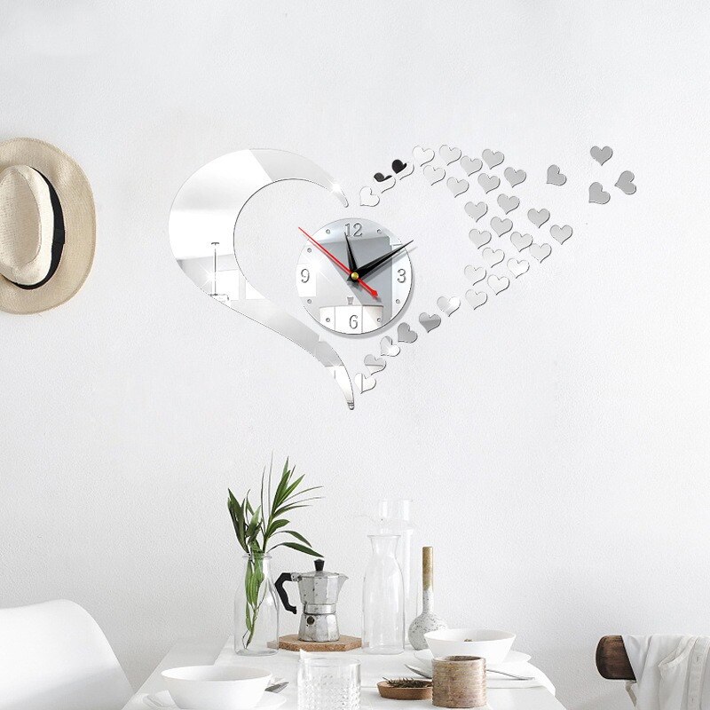 Reloj de pared 3D con forma de corazón, , acrílico, Digital, grande, para sala de estar, pegatinas de espejo, decoración moderna para el hogar