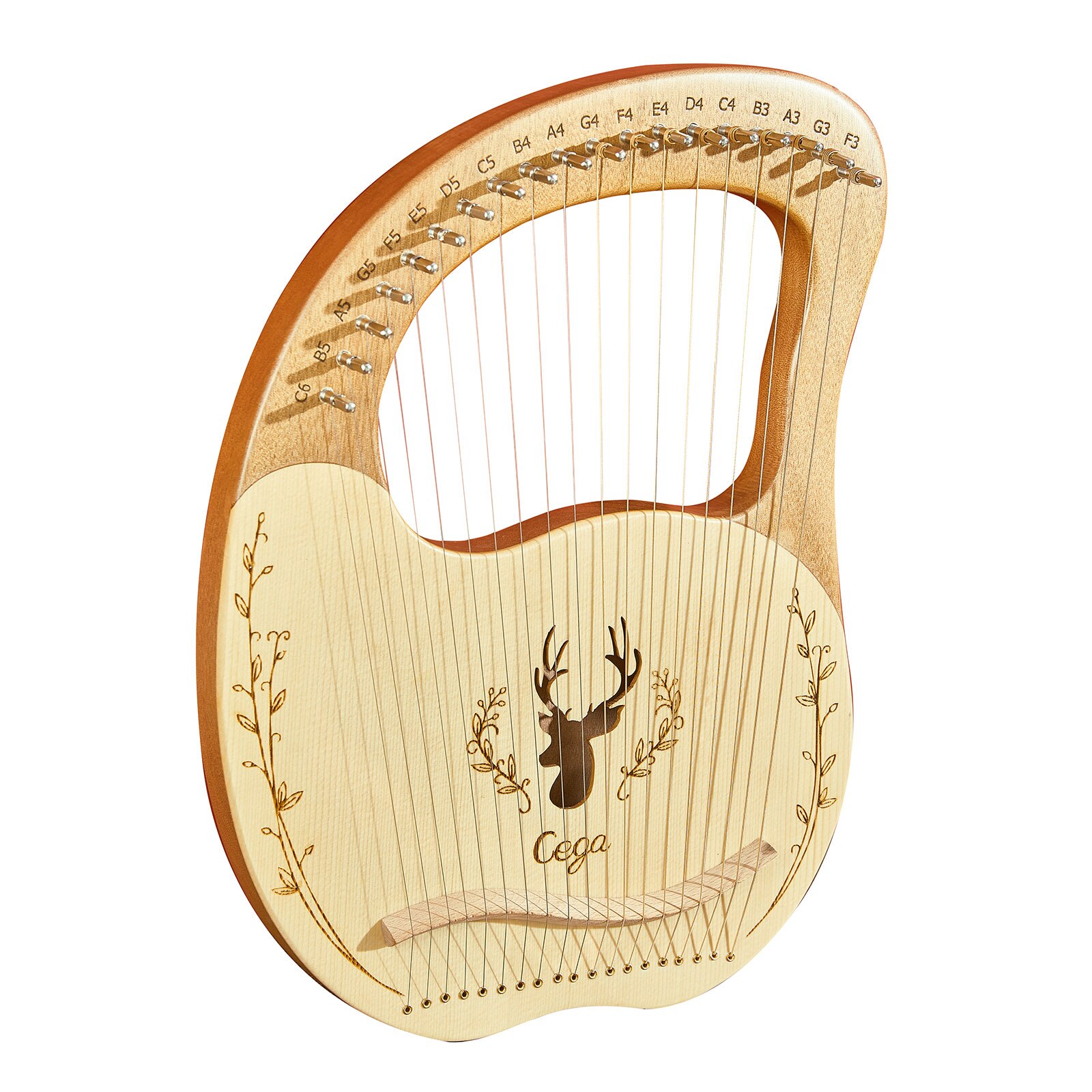19-- snarige houten lier, harp, klankkast, snaarinstrument met stemsleutel, set van 3 plectrums