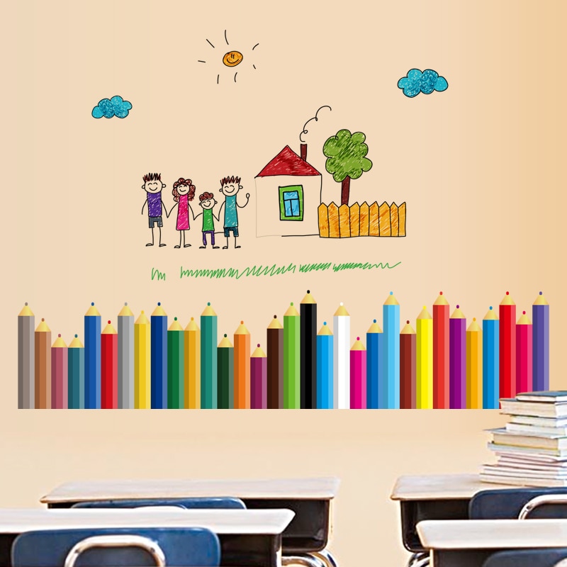 Gekleurde potloden plint sticker waterdicht voor kid kinderkamer klaslokalen verwijderbare mural muurstickers home decoratie