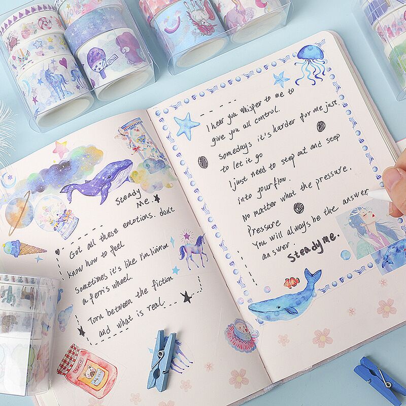 Sharkbang 8 Stks/partij Oceaan Dolfijn Eenhoorn Scrapbooking Washi Plakband Planner Decoratieve Diy Tape Sticker Kawaii Briefpapier