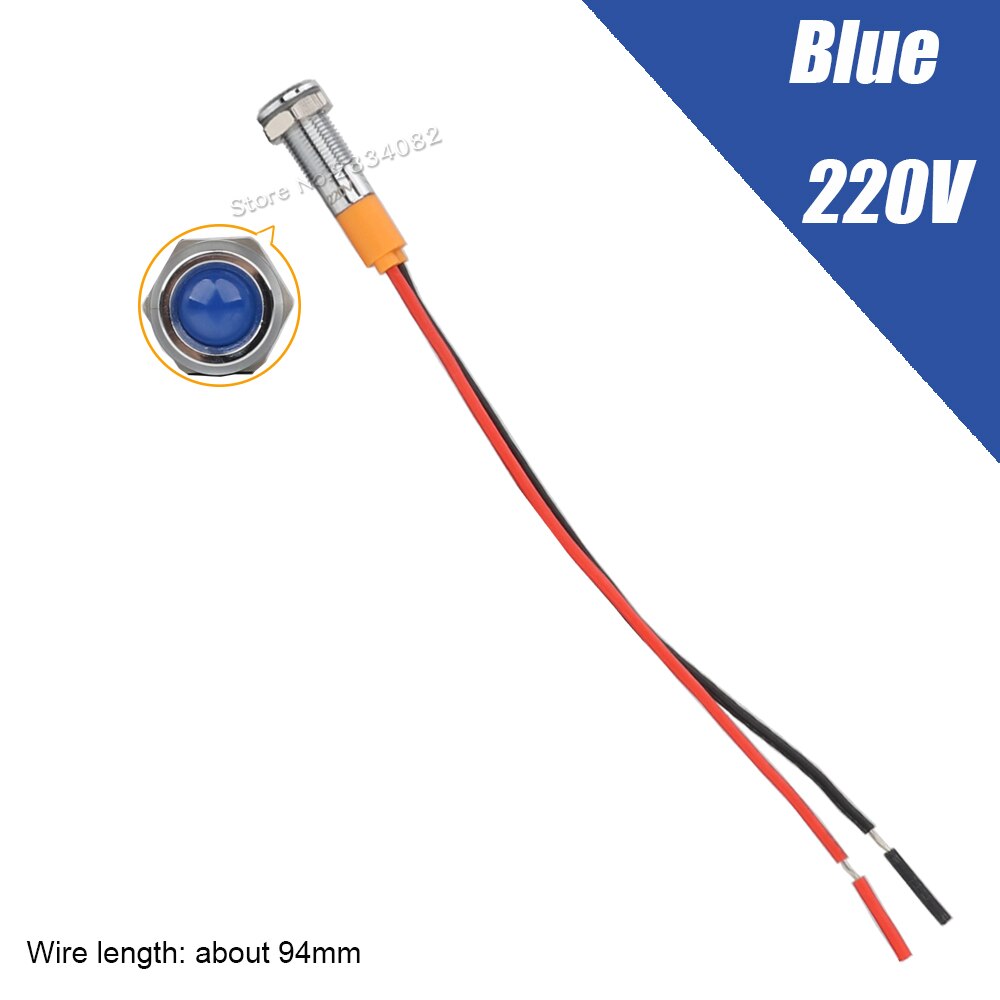 6mm Metal Indicator light LED Signal Lamp Warning light with Wire 6V 12V 24V 220V 110V Red yellow green blue white Waterproof: 220v Blue