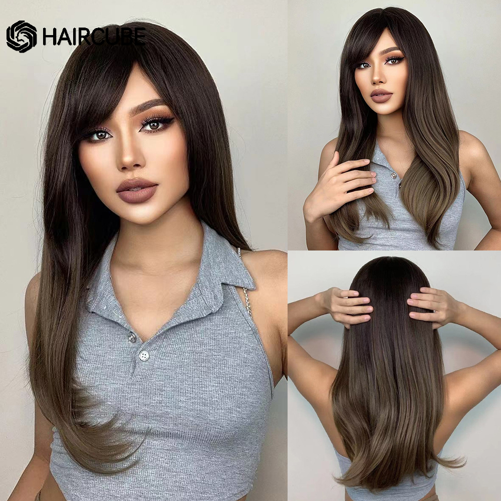HAIRCUBE Brown Highlight Synthetic Wigs Long Straight Wigs With Bangs for Women Natural Hair Cosplay Heat Resistant Fiber Wigs: P1B/613