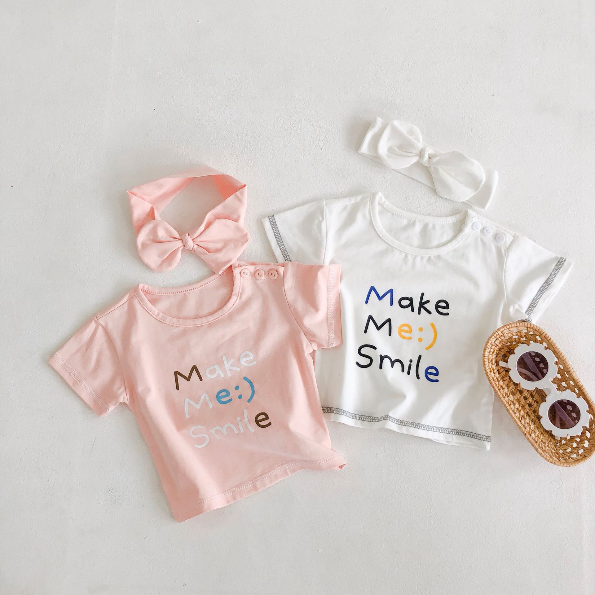 Summer Newborn Tops Baby Girls White T Shirts Korean Style Toddler Short Sleeve Cotton Smile Tees 0-2Y Infant Baby Clothes