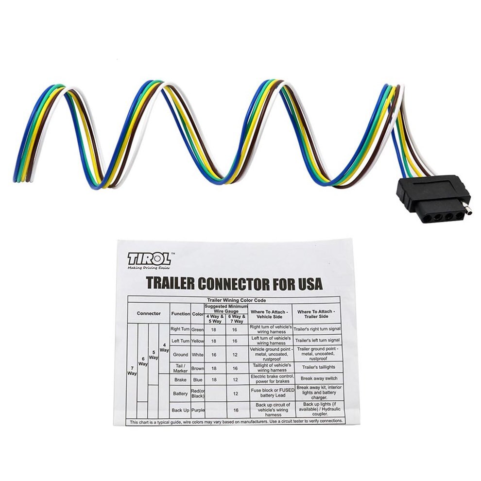 5-Way Flat Trailer Wire Harness Extension Connector Socket With 36 inch Cable Length End Connector 12V Output