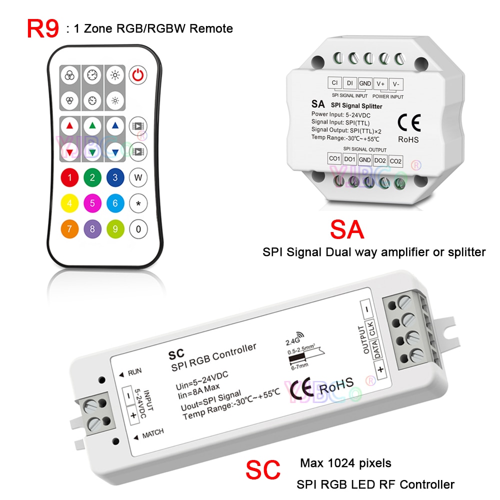 DC5V 12V 24V SPI LED pixel controller SC+R9 RF supports WS2811/WS2812B/WS2801 SPI Signal /Dual way amplifier or splitter SA
