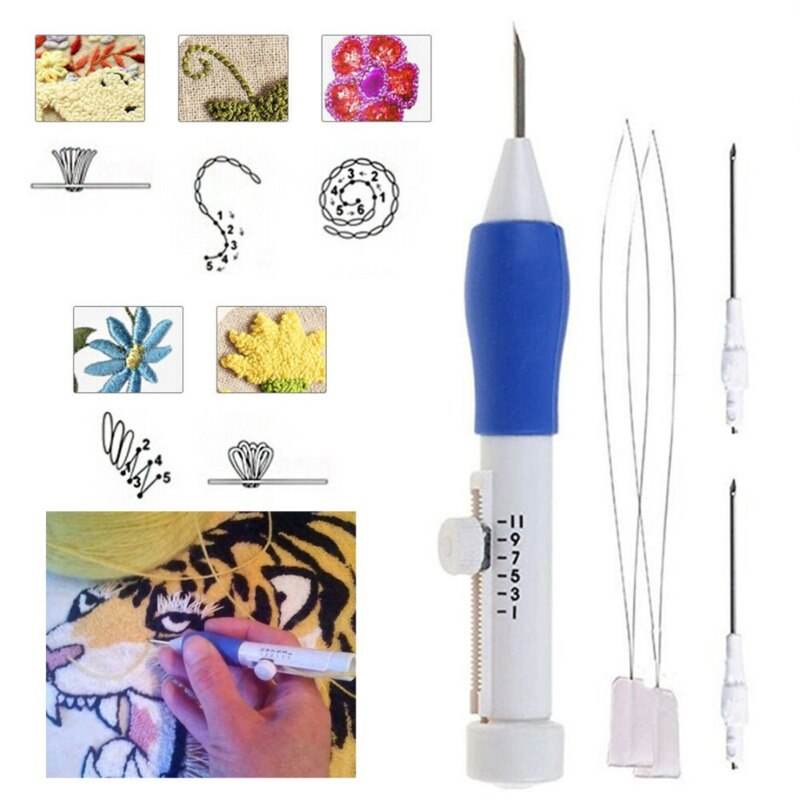 Pluma de bordado mágico, aguja de punzón, costura de bordado a mano con juego de 3 agujas de punzón, accesorios para herramientas de bordado de punto de cruz