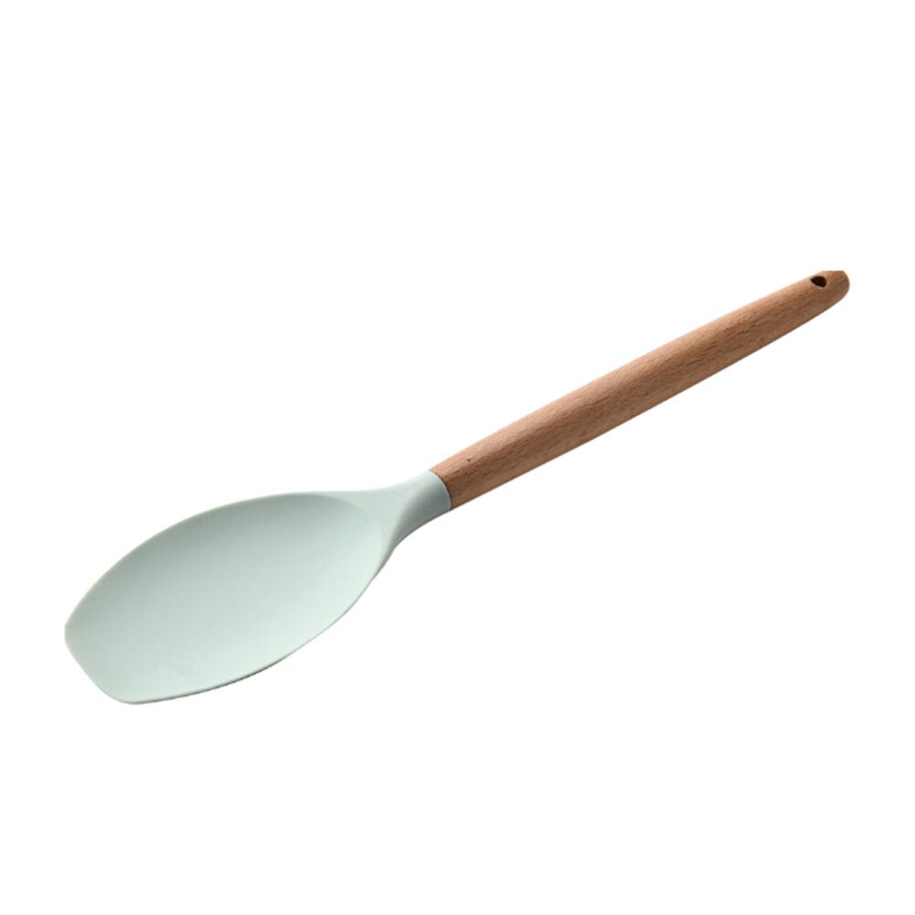 Silikon-küchenhelfer-set, , 11- teilig, mit holzgriffen, antihaftbeschichtet, kratzfest und hitzebeständig: Flacher löffel
