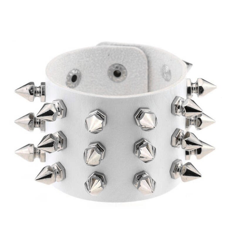 Punk Gothic Rock Spits Toelopend Spikes Rivet Cone Stud Brede Leren Manchet Armband Polsbandjes Charm Armband Mode Unisex Sieraden: white