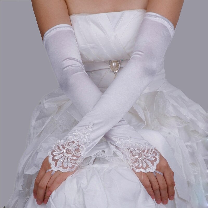 Ladies Long Bridal Glove Sheer Beading White Lace Fingerless Satin Gloves for Bride Weeding Accessoire vestidos de novia