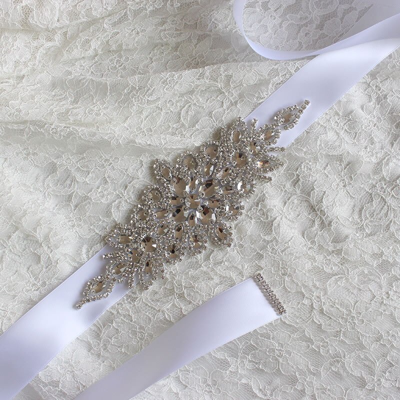 Bridal Crystal Wedding Accessories Satin Dress Belt Ribbon Waistband Sash for Evening Prom Dresses: Pure White