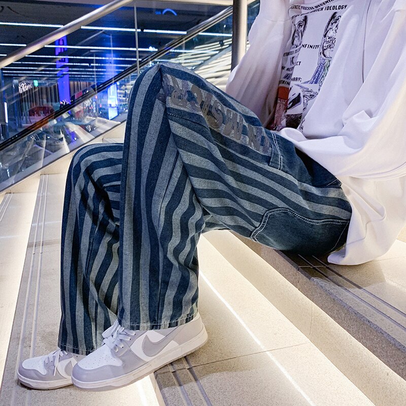 Men's Blue Striped Baggy Jeans 2022 Spring Korean Y2k Style Denim Straight Wide Leg Pants Male Branded Trousers