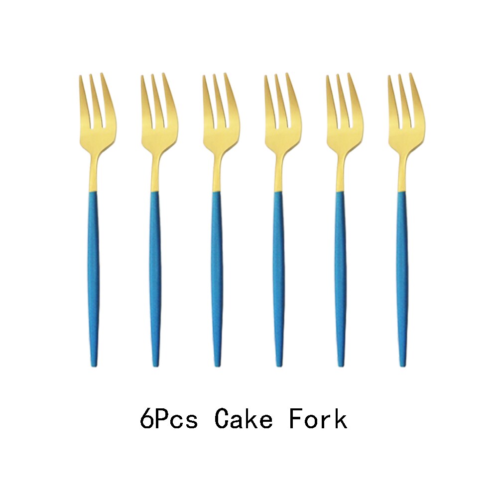 6Pcs Coloful Fork Set Tea Cake Snack Forks Dinnerware Cutlery Matte Stainless Steel Tableware Dessert Fruit Fork Silverware Set: Blue Gold
