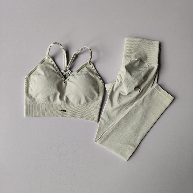 Nahtloser Yoga-Anzug, Hüftheben, Fitness-Anzug, Damen-Sport-BH, Yoga-Anzug, schnell trocknend, Sport, hohe Fett, enge Yoga-Gamaschen, Fitnessstudio-einstellen: L / Beige