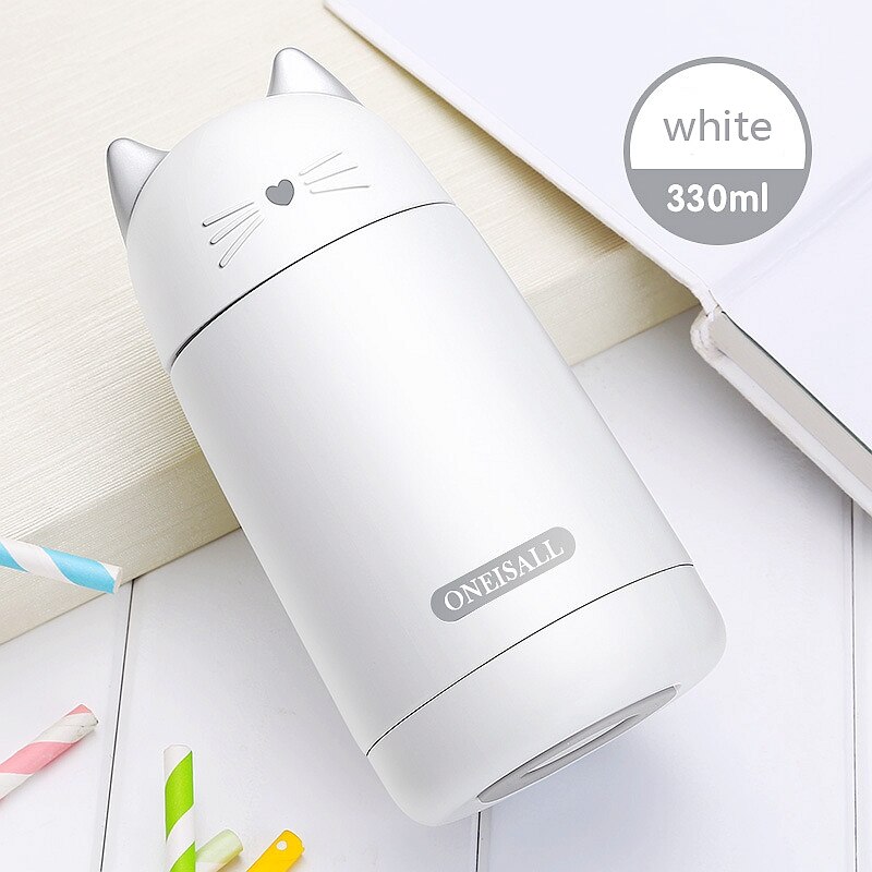 Neue Thermos Tasse Karikatur Katze Thermo Becher Getränk Wasser Flasche Edelstahl Vakuum Glaskolben Tasse Becher dicht Becher 330ml: Weiß