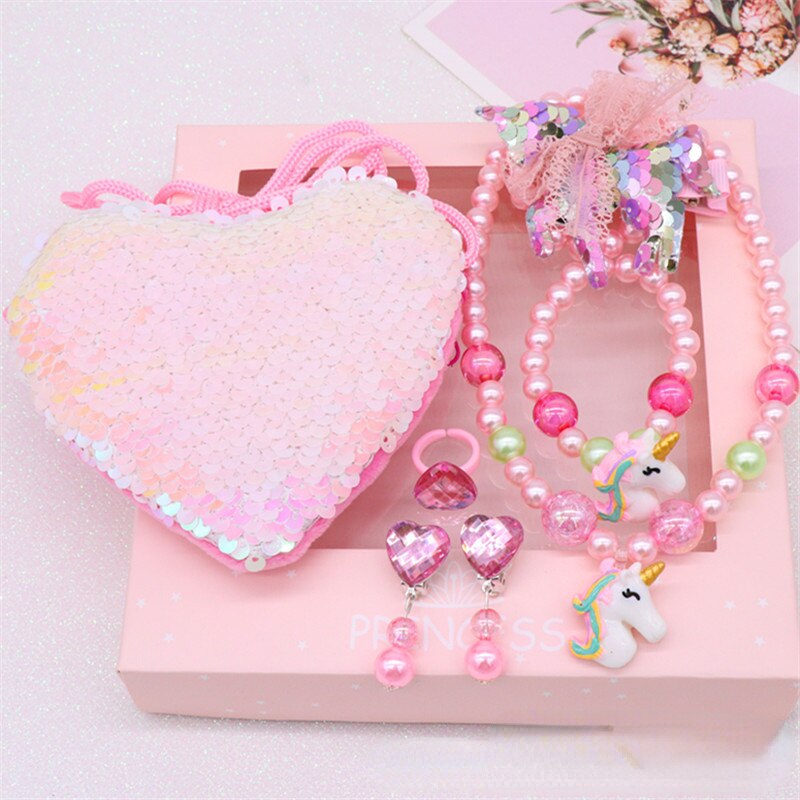 7 Stuks Kinderen Speelgoed Sieraden Set Meisjes Ketting Armband Oorbel Ring Hairclips Mermaid Kinderen Prinses Accessoires Verjaardag: 7pcs unicorn