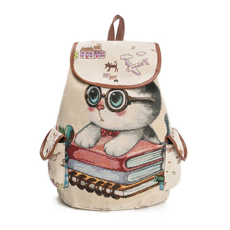 Scione Nette Katze Rucksack Frauen Mädchen Leinwand Rucksack Kordelzug Druck Rucksäcke Für Teenager Mädchen Große Kapazität Schule Tasche: Glasses katze