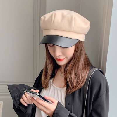 Auutmn Winter Hüte für Frauen Leder Krempe Einfarbig Achteckige Kappe Hüte Damen lässig Wolle Hütte Winter Baskenmütze Weibliche Künstler kappe: Beige