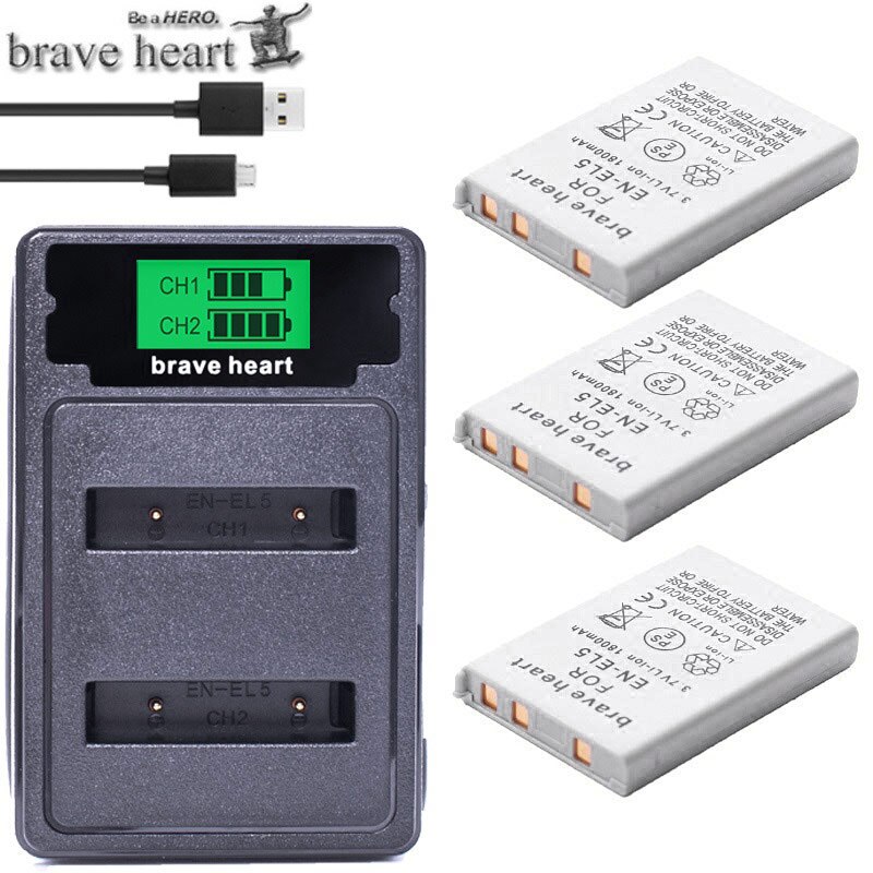 4 stk 1800 mah en -el5 enel 5 en el5 batteri + usb dobbelt oplader til nikon kamera coolpix  p80 p90 p100 p500 p510 p520 kamera: Oplader og 3 batterier