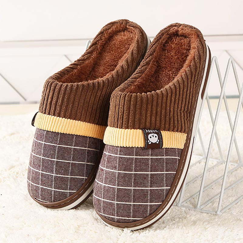 warm indoor slippers men shoes plush flock winter home slippers for men non-slip sewing soft male shoes men slippers: Brown / 8