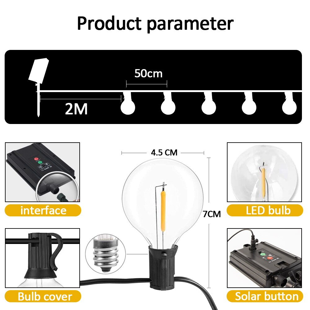 Cadena Solar para exteriores, luces y control remoto para Patio G40, cargador USB, 8 modos de luz, bombillas inastillables, lámpara colgante resistente a la intemperie