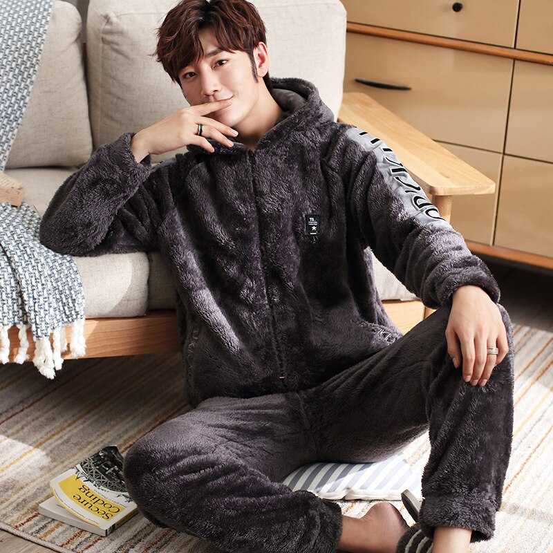 Pijamas gruesos de terciopelo para hombre, ropa de franela cálida para el hogar, de talla grande, para invierno