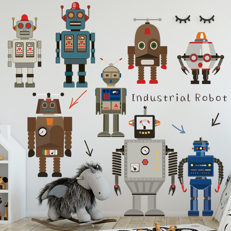 Robot Boy Room Decoration Wall Sticker DIY Cartoon Poster for Kids Bedroom Nursery Wall Art Mural