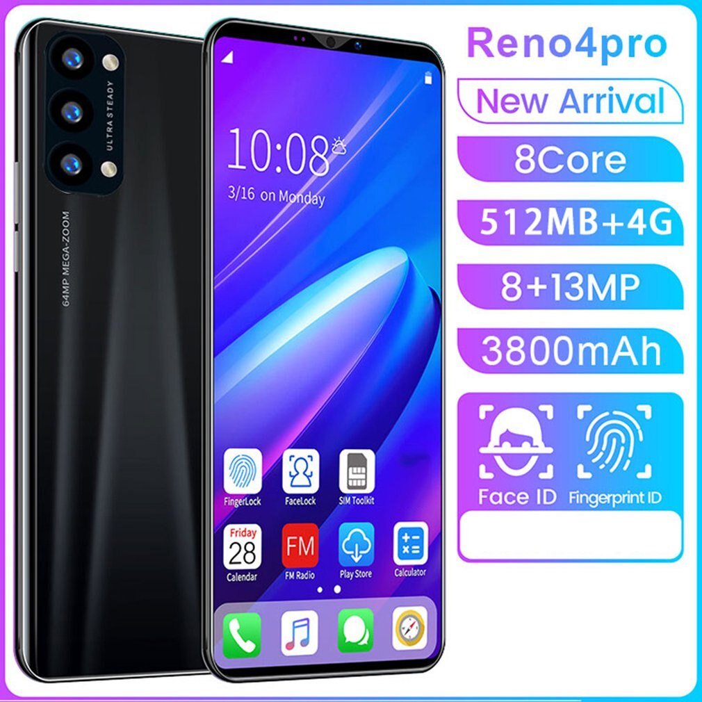 Reno4 Pro Smartphone 5.8 Inch Smartphone 512M + 4G 3D Glas Plated Back Cover High Definition Achteruitrijcamera: EU Black