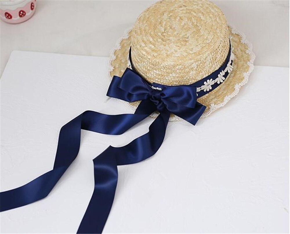 Mori Girl Cute Big Bow Lace Ribbon Lolita Straw Hat Sweet Princess Lolita Flat Cap Beach Cap B1527: 3