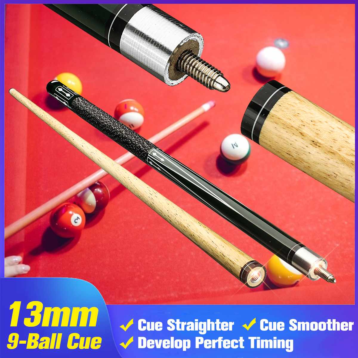 Wood 13mm 9-Ball Cue 1/2 Split Billiard Cues Straighter Smoother Snoer Billiard Pool Cue Stick Billiards Exercising Tool 145cm