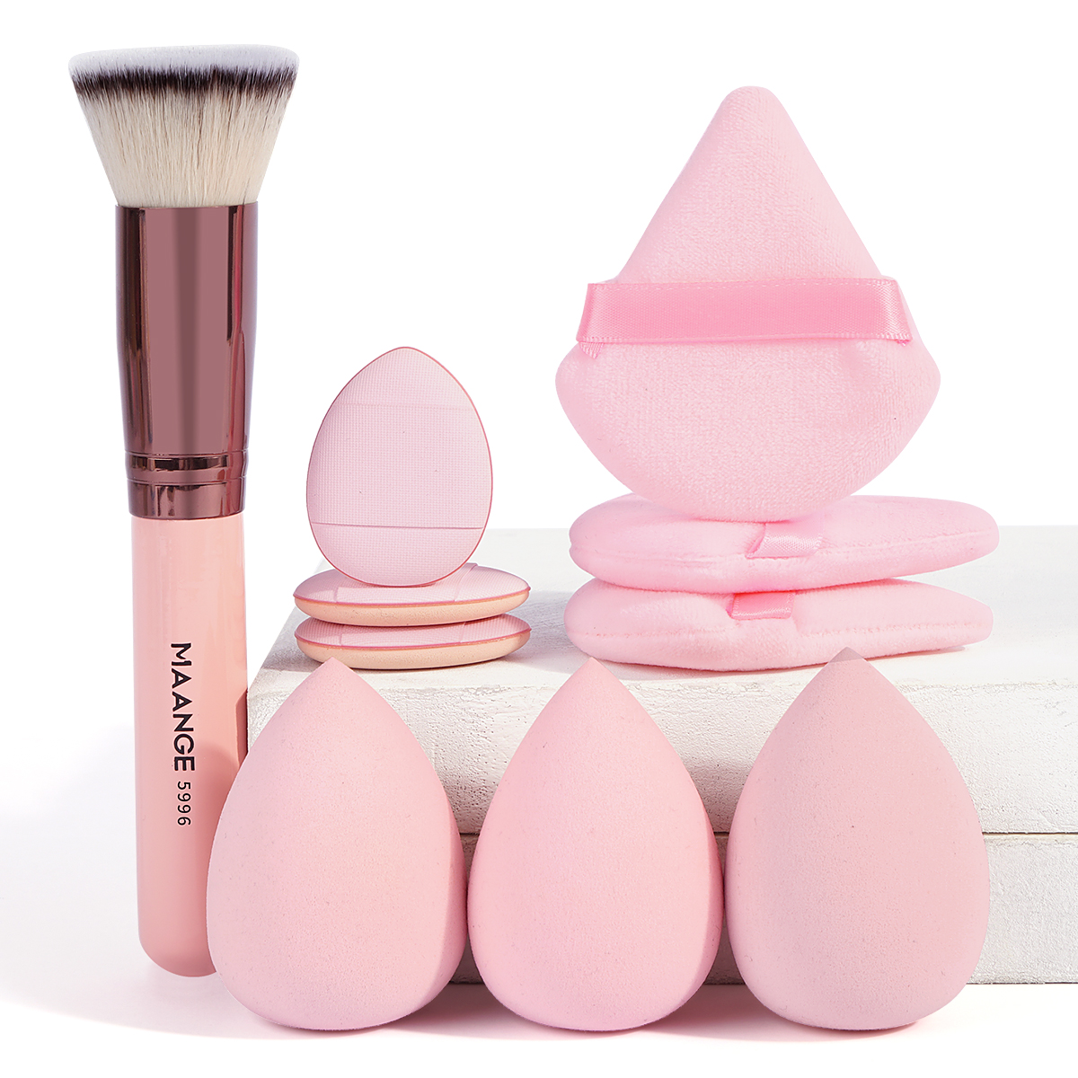 MAANGE 1pz Pennello per fondotinta con 9pz Soffio per trucco Contorno arrossire Pennello per trucco Triangolo Soffio per cipria Spugna morbida per dita: verde