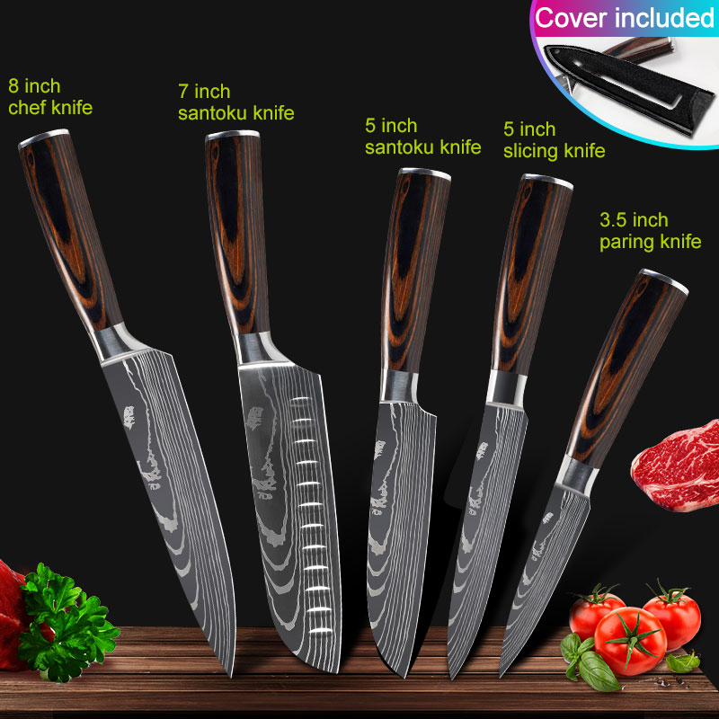 Köksknivar set kockknivar rostfritt stål imitation damaskus mönster santoku klyv skärning verktygsknivar: 5 st uppsättning b